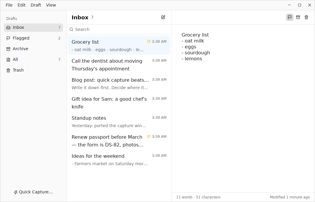 The drafts window: sidebar with Inbox, Flagged, Archive, All and Trash, the draft list and the editor